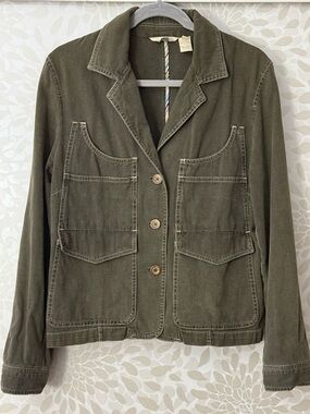 J Jill Women’s M Olive Green Utility Chore Denim Jean Jacket Contrast Stitching